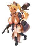  1girl ammunition animal_ears areolae bikini_tan blonde_hair boots breasts character_request copyright_request drooling female_orgasm first_aid_kit highres huge_breasts inverted_nipples jacket long_hair narane nipples open_mouth orgasm solo syringe tagme tan tanline thighhighs_under_boots 