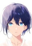  1girl bangs blue_eyes collared_shirt commentary_request eyebrows_visible_through_hair hair_between_eyes highres looking_at_viewer open_mouth original purple_hair shirt short_hair simple_background solo white_background xi_ying 