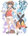  1girl :d bare_arms bare_shoulders black_eyes black_hair braid chienon clenched_hand fingernails floral_print flower full_body gen_2_pokemon gen_5_pokemon hat hat_flower hibiscus hibiscus_print highres holding holding_poke_ball leaf legs_apart mizuki_(pokemon) open_mouth orange_shirt pink_flower poke_ball poke_ball_(generic) pokemon pokemon_(creature) pokemon_(game) pokemon_usum shirt shorts smile standing tank_top teeth twin_braids white_shorts 