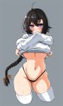  1girl ahoge black_hair black_panties blush braid breasts character_request closers commentary cropped_legs eyebrows_visible_through_hair grey_background groin hair_between_eyes heterochromia large_breasts lhu_(barappra1) lifted_by_self long_hair looking_at_viewer navel panties purple_eyes red_eyes shirt_lift simple_background skindentation solo sweat thighhighs underboob underwear undressing very_long_hair white_legwear 