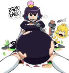  2019 barking belly big_belly black_clothing black_dress breasts chain_chomp chained chompette clothing crown dr--worm dress duo english_text female hair hi_res humanoid mario_bros nintendo princess_peach purple_hair sharp_teeth simple_background speech_bubble super_crown teeth text torn_clothing video_games vore white_background 