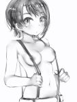  1girl areolae bare_arms bare_shoulders blush closed_mouth copyright_request cowboy_shot eyebrows_visible_through_hair greyscale highres looking_at_viewer monochrome naked_suspenders nanashi_(nlo74593630) navel nipple_slip nipples short_hair simple_background solo suspenders topless white_background 
