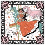  2girls black_hair carousel dress epaulettes flower flowing_dress hair_blowing hand_on_hip himemiya_anthy horse long_hair long_sleeves multiple_girls petals pink_hair red_dress rose rose_petals shoujo_kakumei_utena tajima_naoto tenjou_utena uniform 