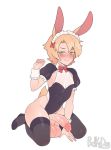  1boy animal_ears blonde_hair blush bow bowtie bunny_boy bunny_ears bunny_tail cucco_king cum frills green_eyes hairband large_penis large_testicles leotard looking_at_viewer maid maid_headdress original otoko_no_ko penis short_hair short_sleeves simple_background smile solo tail testicles thighhighs veins veiny_penis white_background 