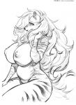  2019 anthro areola big_breasts breasts canid canine canis female hair hand_on_thigh hi-ku hi_res huge_breasts inverted_nipples long_hair looking_at_viewer mammal markings monochrome nipple_piercing nipples nude piercing scar signature simple_background sitting slightly_chubby solo text tharja_(justkindofhere) url white_background wolf 