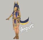  1girl animal_ears anput_(nsfwolf) bandages bangs black_hair blonde_hair blunt_bangs blunt_ends character_name claws dark_skin egyptian egyptian_clothes goddess highres long_hair looking_at_viewer nsfwolf original simple_background smile solo standing tagme tail yellow_eyes 