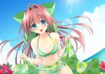  1girl asakura_otome bikini blue_eyes blush bow breasts brown_hair cloud cloudy_sky collarbone commentary_request da_capo da_capo_ii day dutch_angle eyebrows_visible_through_hair floating_hair flower_request green_bikini green_bow hair_between_eyes hair_bow hair_intakes highres kayura_yuka light_rays long_hair looking_at_viewer navel ocean open_mouth sarong sarong_lift sky small_breasts smile solo swimsuit 