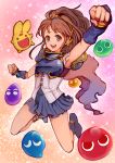  1girl :d arle_nadja arm_up blue_armor blue_skirt breastplate brown_eyes brown_hair carbuncle_(puyopuyo) chienon clenched_hands fingernails full_body half_updo highres long_hair miniskirt nail_polish open_mouth pink_nails pleated_skirt puyo_(puyopuyo) puyopuyo shoulder_armor skirt sleeveless smile spaulders teeth 