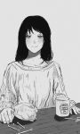  1girl absurdres akino_kogomi black_hair blush chainsaw_man cup grey_background greyscale highres long_hair long_sleeves looking_at_viewer mole mole_under_mouth monochrome mug nail santa_claus_(chainsaw_man) simple_background sitting smile solo sweater table upper_body 