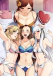  4girls armpits ass_visible_through_thighs blonde_hair blush bra breasts brown_hair cellphone cleavage drooling garter_belt garter_straps girl_sandwich hand_on_another&#039;s_head harem heart heart-shaped_pupils heart_in_mouth highres katarina_claes lap_pillow large_breasts lingerie long_hair maria_campbell mary_hunt medium_breasts multiple_girls navel open_mouth otome_game_no_hametsu_flag_shika_nai_akuyaku_reijou_ni_tensei_shite_shimatta panties phone sandwiched self_shot short_hair silver_hair small_breasts smartphone sophia_ascart stomach symbol-shaped_pupils thighhighs underwear xtermination yuri 