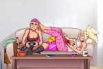  2girls alcohol amber_marie_tweep backwards_hat barefoot biting blonde_hair blue_eyes breasts cereal cereal_box cherrymousestreet chloe_swanson cleavage coffee_mug controller couch cup dualshock earrings full_body game_console game_controller gamepad glasses hat highres jewelry large_breasts lip_biting lips long_hair lying mole mole_under_eye mug multicolored_hair multiple_girls nail_polish on_back on_couch original pajamas pink_hair pink_nails playing_games playstation_4 ponytail reading rimless_eyewear round_eyewear short_shorts shorts socks tank_top thick_eyebrows two-tone_hair whiskey 