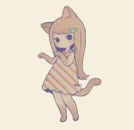  1girl animal_ears ayu_(mog) barefoot blush brown_hair cat_ears cat_tail closed_mouth diagonal_stripes dress english_commentary fish_hair_ornament full_body hair_ornament long_hair looking_at_viewer lowres mixed-language_commentary no_nose original paw_pose signature simple_background solo striped tail yellow_background 