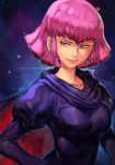  1girl breasts cloak closed_mouth collarbone dress gundam haman_karn hankuri juliet_sleeves lipstick long_sleeves looking_away makeup medium_breasts pink_hair pink_lips puffy_sleeves purple_cloak purple_dress purple_eyes short_hair sidelocks simple_background smile solo space upper_body zeta_gundam 