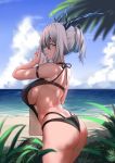  1girl arknights arm_strap ass bangs bare_arms bare_shoulders bikini bishi_(bishi) black_swimsuit blue_sky breasts cloud commentary_request cowboy_shot day from_behind hand_up horns hypergryph_(arknights) large_breasts looking_at_viewer looking_back multi-strapped_bikini ocean original outdoors plant profile short_hair silver_hair sky solo standing swimsuit thighs tied_hair water yellow_eyes 