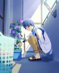  1boy balcony basket black_footwear blue_eyes blue_hair blue_scarf blurry_foreground bottle brown_pants coat commentary flower from_side headset holding holding_bottle kaito laundry_basket male_focus microphone morning morning_glory nokuhashi pants purple_flower sandals scarf squatting vocaloid watering white_coat 