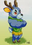  absurd_res animal_crossing anthro bam_(animal_crossing) black_nose blue_body blue_fur bottomwear brown_eyes cervid clothed clothing crossed_arms freckles fur grass green_clothing green_topwear hi_res hooves horn jacket male mammal muscular muscular_male nintendo russell_allen shorts solo standing topwear video_games yellow_bottomwear yellow_clothing 