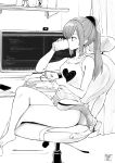  1girl armchair bangs barefoot camisole cellphone chair commentary crossed_legs cup curtains drinking english_commentary figure from_side greyscale heart heart_print highres holding holding_cup indoors keyboard_(computer) long_hair melissa_renata monitor monochrome nintendo_switch norman_maggot office_chair original panties phone ponytail profile programming signature sitting smartphone solo toenails underwear 