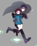  1boy 1girl ahoge amatori_chika bangs black_footwear black_gloves black_pants bob_cut boots cape closed_mouth fuko full_body gloves grey_background grey_cape height_difference holding_hands hopping long_sleeves looking_at_another looking_away looking_down mole mole_under_eye oki_kouji pants purple_eyes purple_footwear purple_hair red_hair shorts simple_background smile uniform visor_cap walking world_trigger 