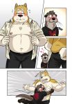  bottomwear canid canine canis clothed clothing comic domestic_dog eyewear gabshiba glasses hi_res hug lutrine male male/male mammal mustelid open_shirt pants red_cheeks shiba_inu shirt size_difference slightly_chubby spitz suit text topwear undressing uniform 