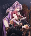  1boy 1girl belt black_cape black_coat cape coat collar couple dress elbow_gloves facial_mark fire_emblem fire_emblem:_genealogy_of_the_holy_war forehead_mark gloves hug ishtar_(fire_emblem) julius_(fire_emblem) long_hair purple_dress purple_eyes purple_hair red_eyes red_hair shoulder_pads side_ponytail side_slit sitting white_gloves 