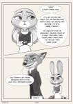  2020 anthro border canid canine clothed clothing comic crossed_arms dialogue dipstick_ears disney duo ears_down english_text fox fur hi_res inner_ear_fluff judy_hopps lagomorph leporid mammal multicolored_ears necktie nick_wilde pivoted_ears police_uniform qalcove rabbit red_fox shirt speech_bubble text topwear tuft uniform yellow_border zootopia 