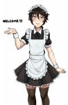  1girl :3 alternate_costume apron bangs black_hair black_legwear black_skirt commentary english_text enmaided freckles frilled_apron frills hair_between_eyes hand_up heart looking_at_viewer maid maid_day maid_headdress mari_(twrlare) original parted_lips puffy_short_sleeves puffy_sleeves short_hair short_sleeves simple_background skirt smile thighhighs twrlare waist_apron white_apron white_background wrist_cuffs yellow_eyes 