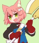  1girl 7th_dragon 7th_dragon_(series) :d animal_ear_fluff animal_ears axe bangs belt belt_buckle blue_jacket blush buckle cat_ears commentary_request eyebrows_visible_through_hair fang gloves green_background green_eyes hair_between_eyes hair_bobbles hair_ornament harukara_(7th_dragon) highres holding holding_axe jacket long_sleeves looking_away naga_u one_side_up open_mouth pink_hair red_gloves simple_background smile solo two-handed upper_body v-shaped_eyebrows white_belt 