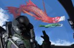  1other above_clouds aircraft airplane airplane_interior blue_sky cloud cloudy_sky day doitsuken fighter_jet flying flying_fish gloves green_jacket hand_up jacket jet koinobori military military_vehicle original pilot pilot_helmet sky 