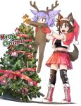  :d animal_costume animal_ears ankle_boots antlers black_legwear boots brown_hair christmas christmas_lights christmas_tree cross-laced_footwear dog_child_(doitsuken) dog_ears dog_girl_(doitsuken) dog_tail doitsuken ears_down eyebrows_visible_through_hair fur-trimmed_boots fur-trimmed_headwear fur-trimmed_vest fur_trim glint hat holding longcat open_mouth original pleated_skirt red_footwear red_headwear red_skirt red_vest reindeer_antlers reindeer_costume santa_costume santa_hat short_hair simple_background skirt smile tail thighhighs vest white_background 