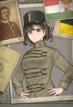  1boy 1girl absurdres black_headwear blue_eyes breasts brown_hair closed_mouth eyebrows_visible_through_hair frown hands_on_hips hat highres kaiserreich long_sleeves looking_at_viewer medium_breasts military original photo_(object) pzkpfwi short_hair 