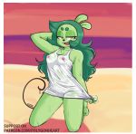  anthro bodily_fluids border breasts cartoon_network eyebrows eyelashes fangs female fink_(ok_k.o.!_lbh) fur green_body green_fur green_hair hair half-closed_eyes hi_res kneeling long_hair mammal narrowed_eyes nipples nipples_through_clothes ok_k.o.!_let&#039;s_be_heroes pink_nipples polygonheart rodent signature small_breasts sweat text toes tongue url white_border yellow_eyes 