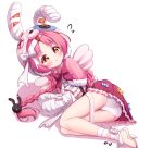  1girl :o animal_ears animal_hat ass bandaged_arm bandaged_hands bandaged_leg bandages bangs barefoot blush bow braid brown_eyes bunny_ears bunny_hair_ornament bunny_hat capelet eyebrows_visible_through_hair fake_animal_ears fake_wings flying_sweatdrops frilled_skirt frills fur-trimmed_capelet fur_trim hair_ornament hat long_hair looking_at_viewer lying mimi_(princess_connect!) mini_wings on_side panties parted_bangs parted_lips pink_capelet pink_hair pink_wings princess_connect! princess_connect!_re:dive red_skirt shadow skirt solo tokenbox twin_braids underwear very_long_hair white_background white_bow white_panties wings 