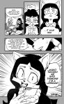  anthro bodily_fluids breasts canid canine canis cleavage clothed clothing comic daigaijin dialogue domestic_cat domestic_dog english_text felid feline felis fur furryfight_chronicles hair hi_res mammal matroshka_(furryfight_chronicles) microphone miho_(furryfight_chronicles) miho_barkowitz monochrome slit_pupils tears text 