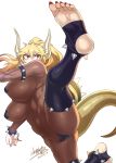  1girl ass blonde_hair bodysuit bowsette bracelet breasts cameltoe feet hair_between_eyes horns jewelry long_hair maebari mario_(series) mizuryuu_kei navel new_super_mario_bros._u_deluxe pasties ponytail simple_background solo spiked_anklet spiked_armlet spiked_bracelet spikes spread_legs super_crown tail white_background 