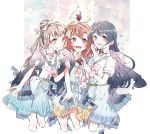  3girls blue_eyes blue_hair bow green_bow grey_hair hair_bow highres kousaka_honoka long_hair love_live! love_live!_school_idol_project minami_kotori multiple_girls one_side_up open_mouth orange_hair otonokizaka_school_uniform school_uniform short_hair simple_background skirt smile sonoda_umi yellow_eyes 