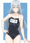  1girl blush breasts brown_eyes hand_on_hip highres idolmaster idolmaster_cinderella_girls long_hair looking_at_viewer one-piece_swimsuit school_swimsuit silver_hair simple_background swimsuit takamine_noa tsurui 