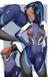 1girl black_hair blue_background blue_eyes blue_hair bodysuit breasts breasts_apart closed_mouth contrapposto dark_skin hair_ornament hand_on_hip highres long_hair looking_at_viewer medium_breasts multicolored_hair pokemon pokemon_(game) pokemon_swsh ponytail rurina_(pokemon) sha_(amfil100) shiny shiny_clothes skin_tight two-tone_background two-tone_hair white_background 