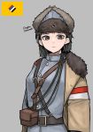  1girl :&lt; absurdres belt black_hair brown_belt brown_coat brown_eyes closed_mouth coat eyebrows grey_background highres kaiserreich long_sleeves looking_at_viewer messy_hair military original pzkpfwi short_hair simple_background solo upper_body 