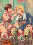  2girls bandage_on_face bandaid bandaid_on_nose black_hair blonde_hair boots bottle breasts bruise cleavage covered_navel cross-laced_footwear dirty hair_down injury knee_boots knee_pads leotard long_hair looking_at_another multiple_girls open_mouth rainbow_mika short_hair sitting street_fighter toko_(tokkotoritori) towel towel_around_neck water_bottle wrestling_outfit wristband yamato_nadeshiko_(street_fighter) 