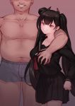  1boy 1girl bangs black_eyes black_hair boxers breasts eonsang eyebrows_visible_through_hair faceless faceless_male girls_frontline grin groping hair_bun heart heart-shaped_pupils highres horns looking_at_viewer mixed-language_commentary navel nipples ouroboros_(girls_frontline) pleated_skirt purple_background school_uniform serafuku simple_background skirt smile symbol-shaped_pupils topless twintails underwear 