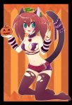  1girl animal_ears aqua_eyes black_legwear breasts cat_ears cat_tail hair_ornament halloween heart highres jack-o&#039;-lantern large_breasts looking_at_viewer medium_hair navel original ribbon smile solo spazzykoneko tail tail_ribbon thighhighs twintails 