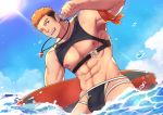 1boy 539862536 abs absurdres bara bare_shoulders beard blue_eyes brown_hair bulge chest cloud day facial_hair gyee highres holding_surfboard looking_at_viewer male_focus multicolored_hair muscle navel nipples no_tattoo one_eye_closed open_mouth orange_hair pectorals pointing pointing_at_self rand_(gyee) revealing_swimsuit sideburns simple_background sky smile solo stubble sunlight surfboard swimsuit upper_body water water_drop 