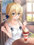  1girl ahoge alternate_costume arm_up artoria_pendragon_(all) bad_anatomy bare_arms bare_shoulders blonde_hair blue_ribbon blush braid breasts chair cleavage collarbone commentary_request day dress eyebrows_visible_through_hair fate_(series) food fruit green_eyes hair_ribbon harimoji holding holding_spoon ice indoors medium_breasts ribbon saber sitting smile solo spoon strawberry table white_dress 