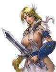  armor armored_dress blonde_hair blue_eyes blush braid breasts cleavage large_breasts long_hair neongun nipple_slip nipples revealing_clothes see-through shield solo sophitia_alexandra soulcalibur soulcalibur_iv sword tears torn_clothes weapon white_background 