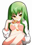  bangs breasts c.c. code_geass dress_shirt food green_hair holding_pizza imaizumi_teruhiko long_hair medium_breasts naked_shirt open_clothes open_shirt pizza shirt sleeves_pushed_up solo yellow_eyes 