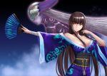  1girl alternate_costume blue_background breasts brown_hair cleavage cloud commentary_request embroidered fan fish green_eyes highres holding holding_fan japanese_clothes jojobirdz kimono long_hair looking_to_the_side night night_sky no_bra persona persona_5 persona_5_the_royal sky tagme tougou_hifumi transparent_headwear very_long_hair 