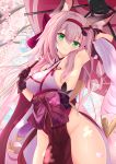  1girl animal_ears armpits azur_lane breasts cherry_blossoms green_eyes hairband hanazuki_(azur_lane) hand_on_own_head highres hiyada_yuu large_breasts no_panties oriental_umbrella pink_hair sideboob umbrella 