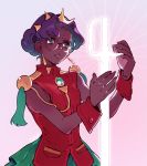  1girl 2gold aiguillette bare_shoulders bindi crown dark_skin dress earrings glasses gradient gradient_background hair_up himemiya_anthy holding holding_sword holding_weapon jewelry purple_hair red_dress shoujo_kakumei_utena solo sword tiara weapon 