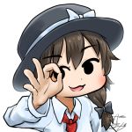  1girl avatar_icon bow brown_hair chamaji commentary eyebrows_visible_through_hair fedora hair_bow hat hat_bow hat_ribbon long_sleeves looking_at_viewer lowres necktie ok_sign red_neckwear ribbon shirt short_hair signature smile solo touhou upper_body usami_renko white_background white_bow white_shirt 