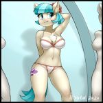  1:1 2020 anthro big_breasts black_border border bra breasts chest_tuft cleavage clothed clothing coco_pommel_(mlp) digital_media_(artwork) earth_pony equid equine eyelashes female friendship_is_magic hair hands_behind_back hands_behind_head horse iloota mammal mirror my_little_pony panties pony pose short_hair solo tuft underwear 